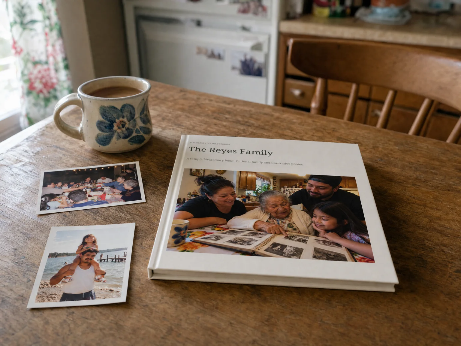 The closed hardcover, lying on a kitchen table: The Reyes Family, with a photo of three generations on the cover