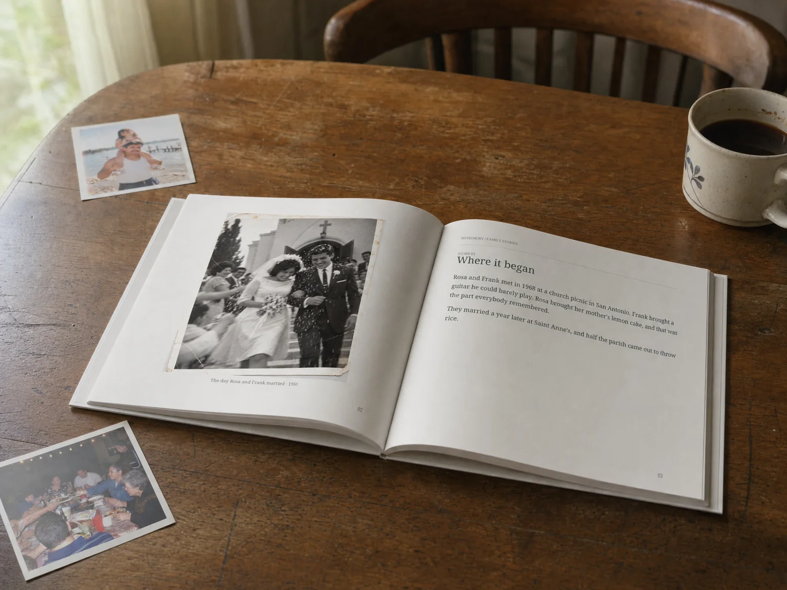 The sample MyMemory book, printed as a square hardcover and open on a kitchen table: a wedding photo on the left, its story on the right