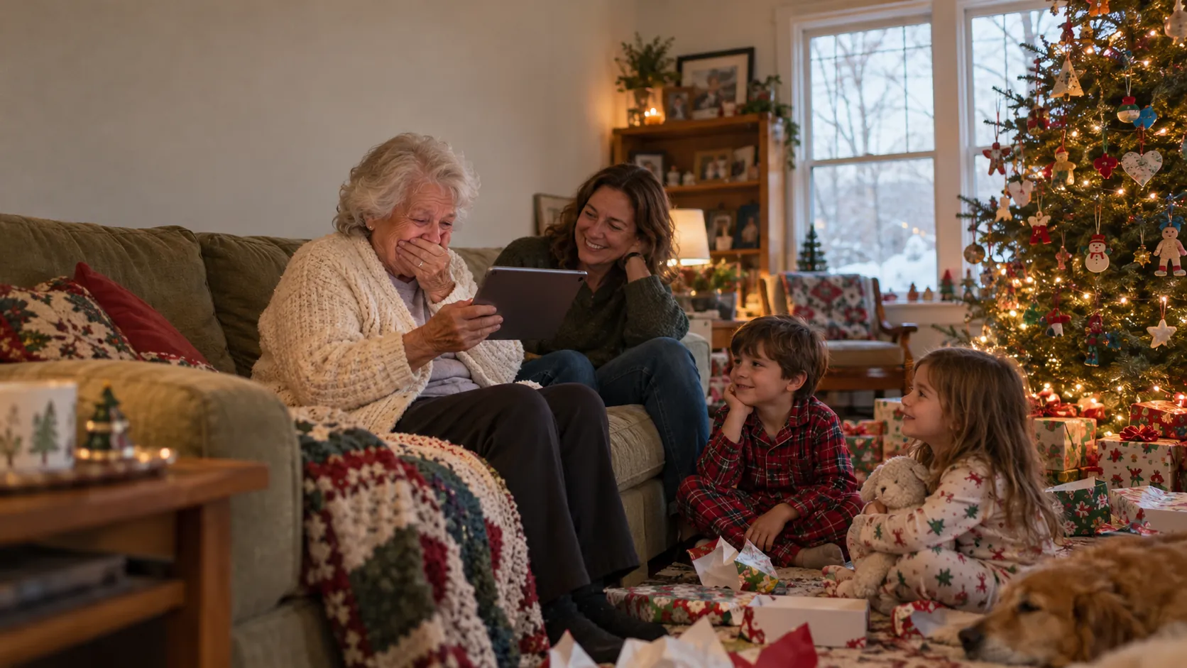 A grandmother on Christmas morning, moved as she reads a family book on a tablet, her daughter and grandchildren beside her
