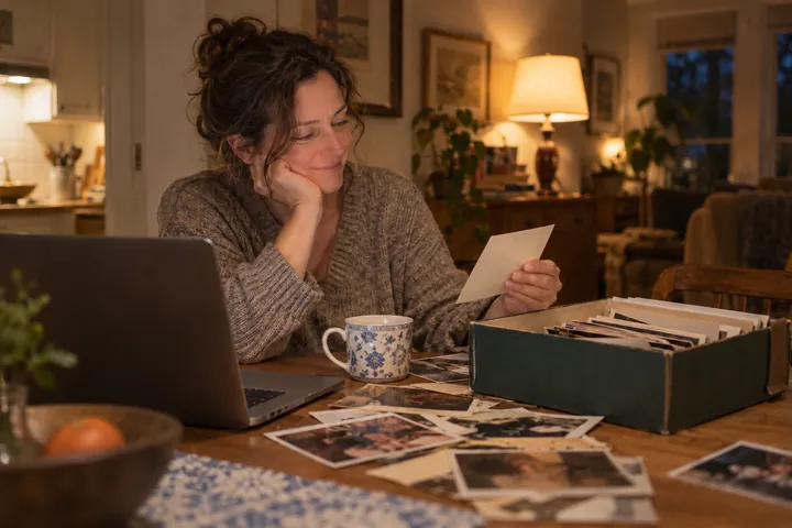 A woman smiling at an old photo from a box of family pictures beside her laptop