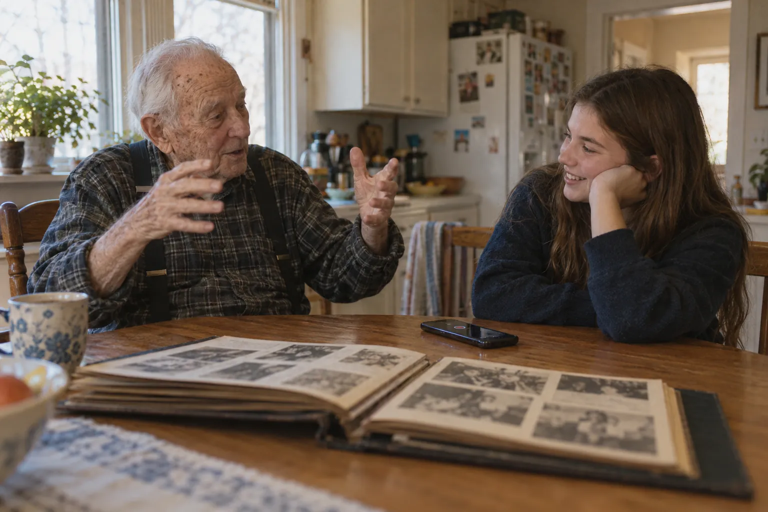 A grandfather telling a story at the kitchen table while his granddaughter listens and records on her phone