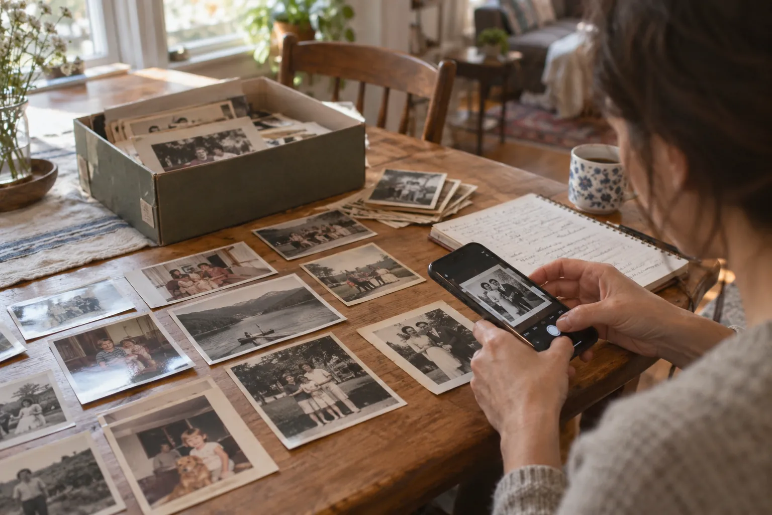 A shoebox of old family photos, handwritten notes and a phone photographing an old print