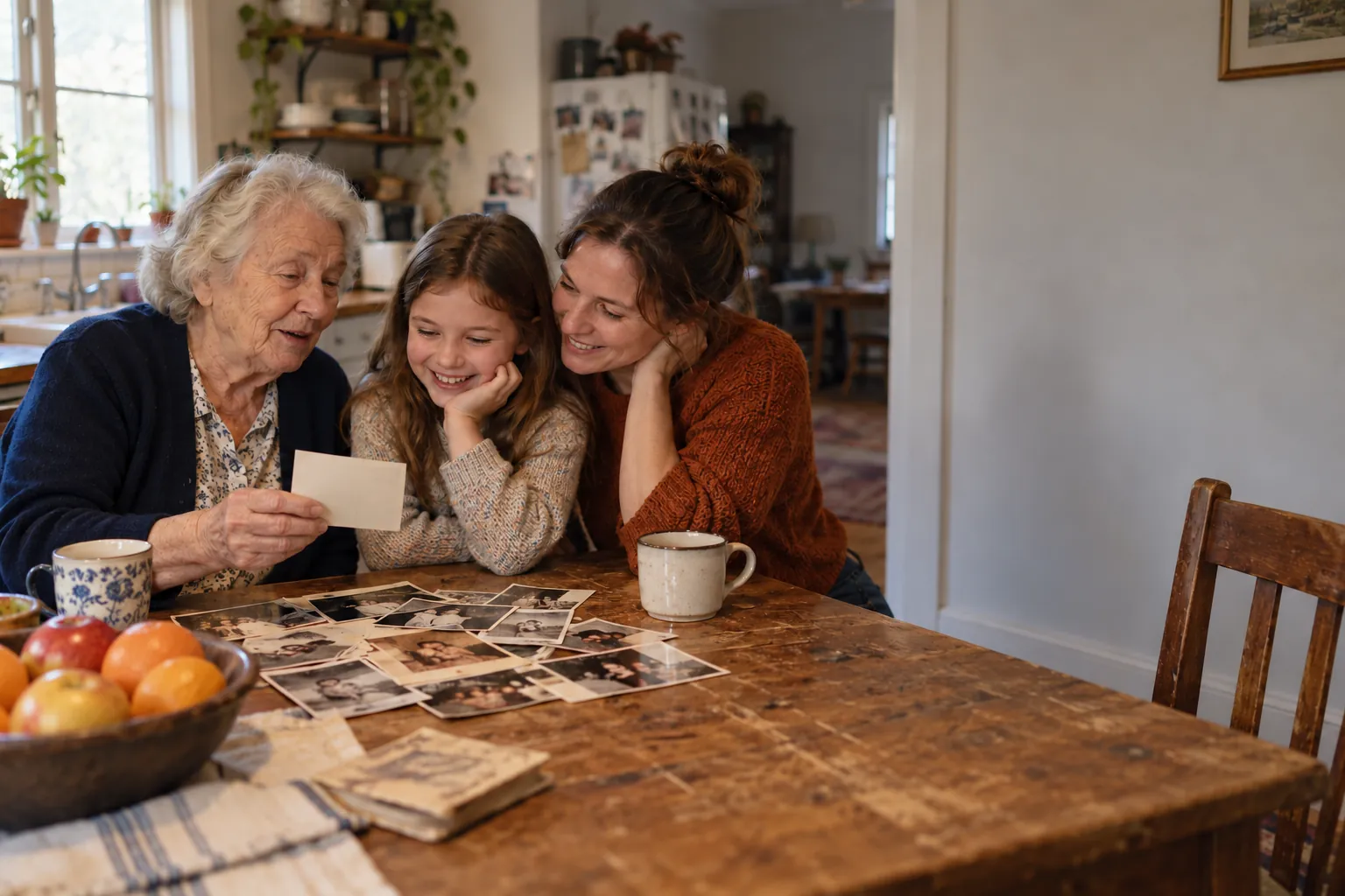 A grandmother showing an old photo to her granddaughter and daughter at the kitchen table