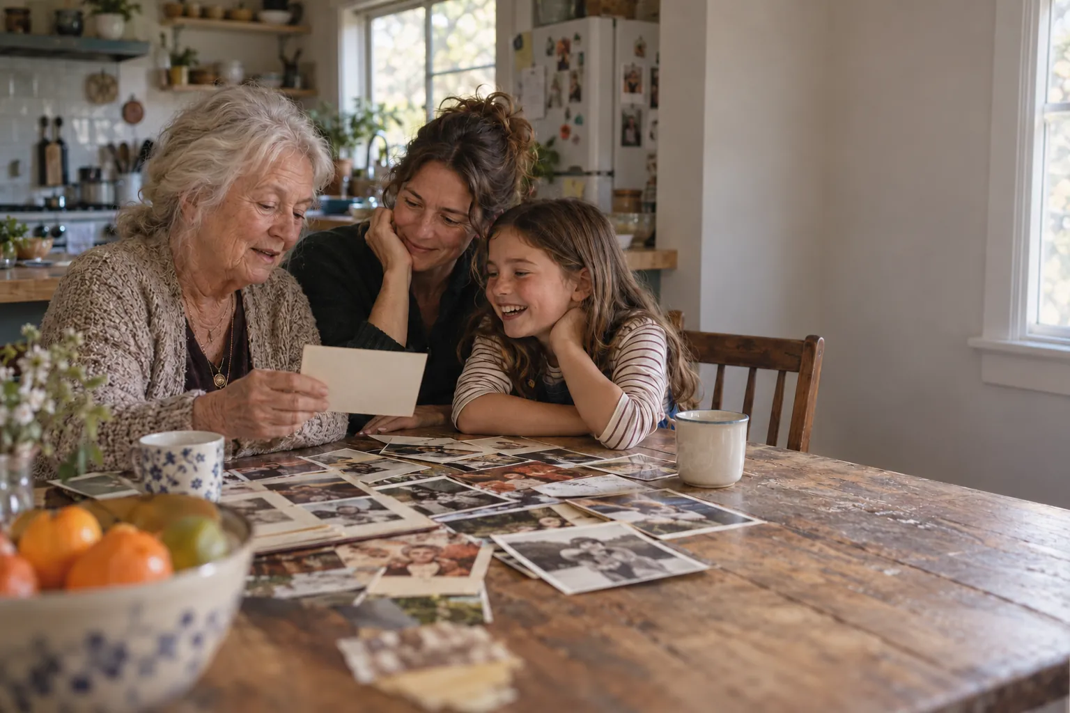 A grandmother, her daughter and granddaughter looking through old family photos at the kitchen table