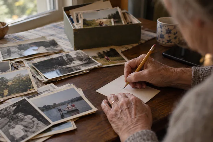 Hands writing a caption with a pencil on the back of an old family photo