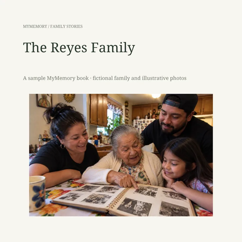 The title page: The Reyes Family, with a photo of three generations at the kitchen table