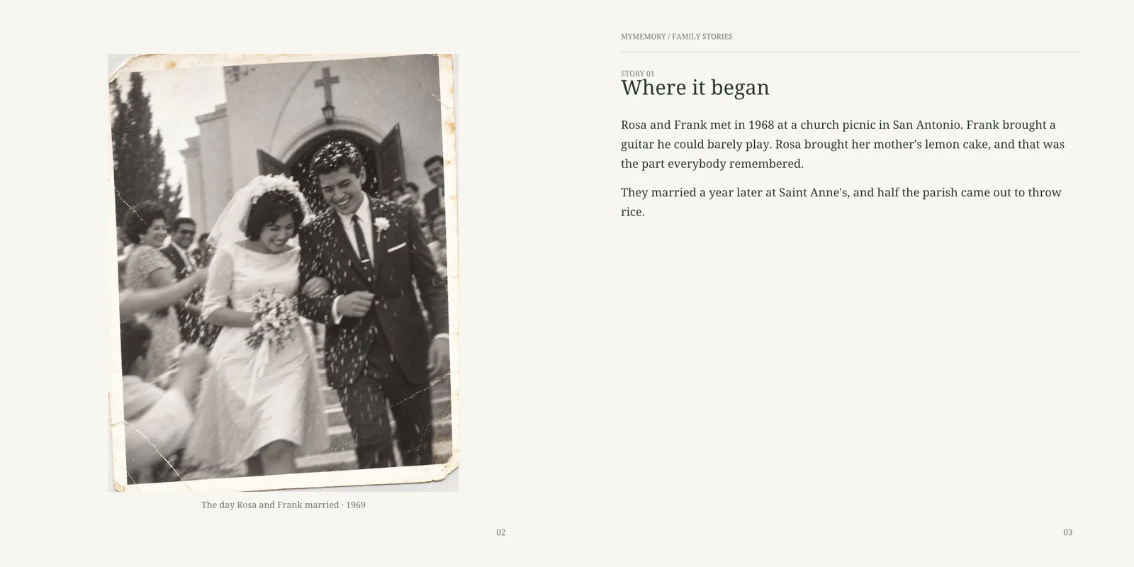 A 1969 wedding photo on the left page, the story of how Rosa and Frank met on the right