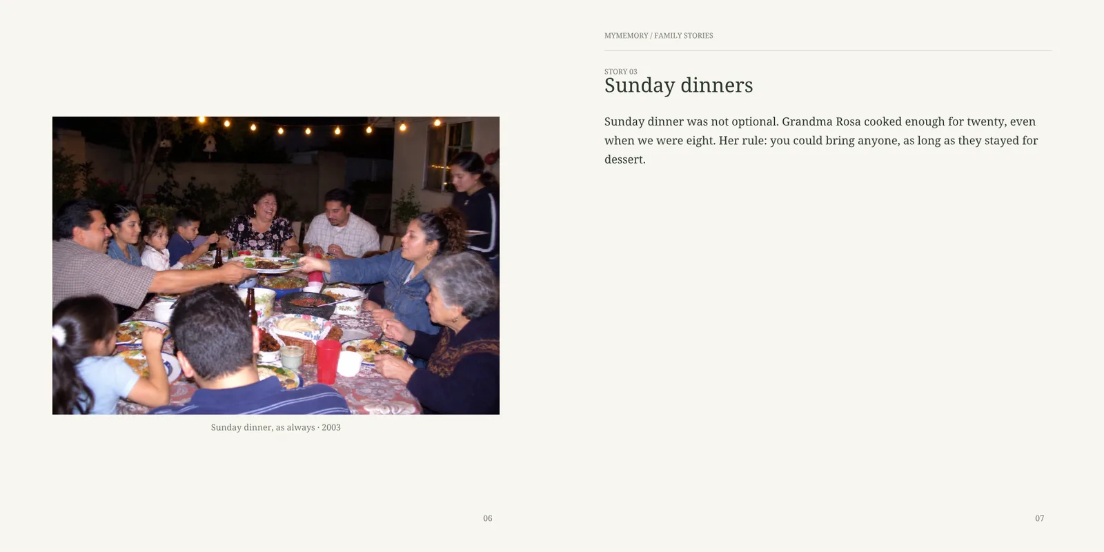 A Sunday dinner photo facing the story of Grandma Rosa’s Sunday dinners