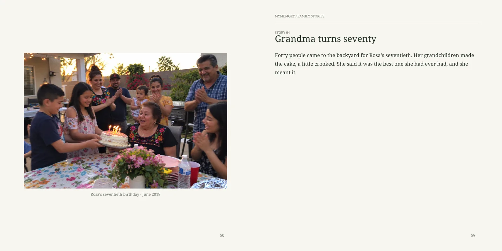 A seventieth birthday photo facing its story