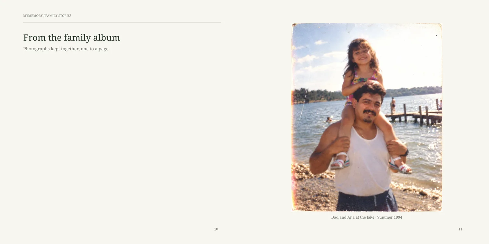 The family album opening page, and a photo of a father and daughter at the lake