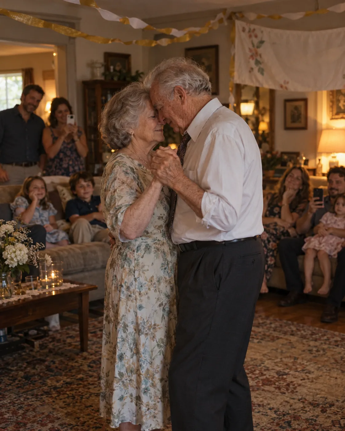 An older couple slow dancing at their anniversary party while the family watches from the sofa