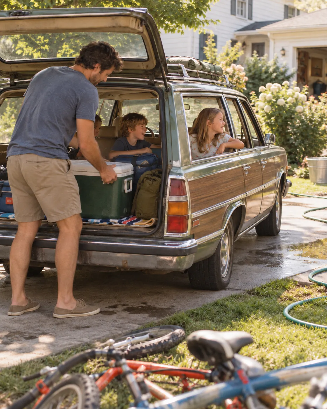 A father loading the station wagon for a summer road trip while his children wait in the back seat