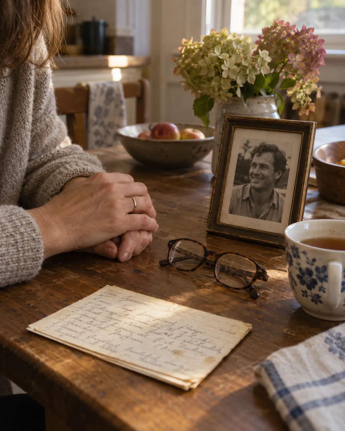 Hands resting beside a framed photo of a father, his reading glasses and a handwritten recipe card